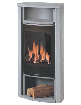 stufa a gas in pietra naturale con altissima capacità di accumulo calore. stufa del produttore di stufe tedesco Oranier, rivestimento laterale, piano superiore di copertura e vano scaldavivande in pietra naturale, stufe a gas metano o gpl (propano)