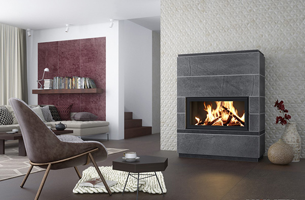 stufa in pietra ollare ad alto rendimento, caminetto con rivestimento pietra ollare moderno, stile contempornaeo