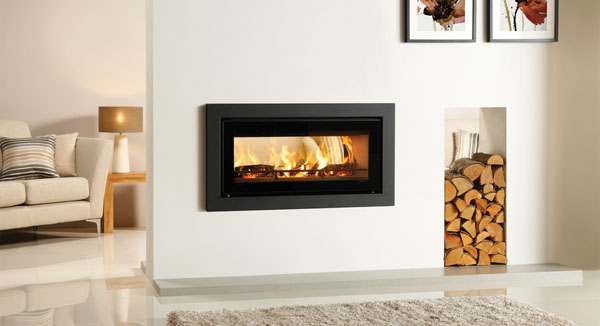 caminetti a legna design, gas, inserto bifacciale, Studio Design 2, Stovax, profonditá molto ridotta, camino da incasso, prodotto da Stovax